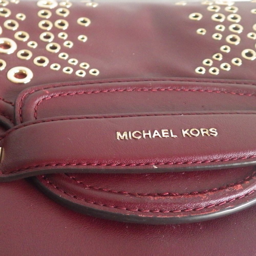 MICHAEL KORS STUDDED LEATHER MAROON EGGPLANT SADDLEBAG HANDBAG